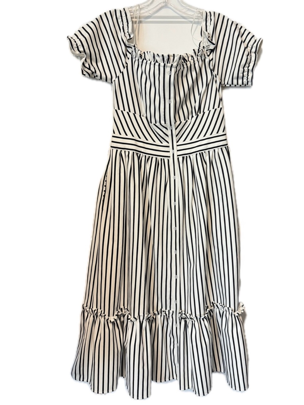Striped Midi Dress Off Shoulder Corset Style Black White Button Front Ruffle Hem